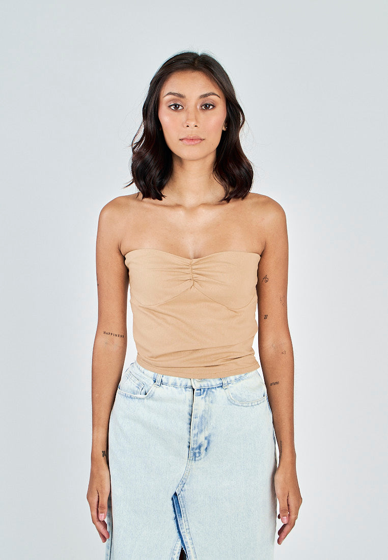 Miri Light Brown Linen Sweetheart Neckline Smock Back Side Zipper Tube Top