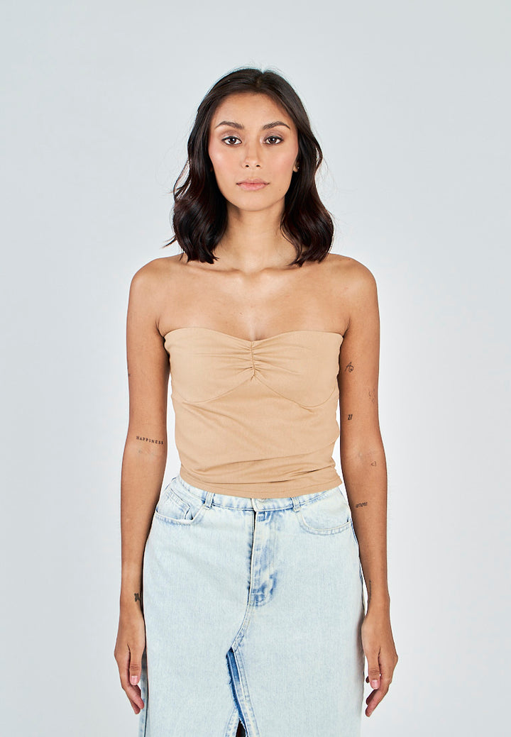 Miri Light Brown Linen Sweetheart Neckline Smock Back Side Zipper Tube Top