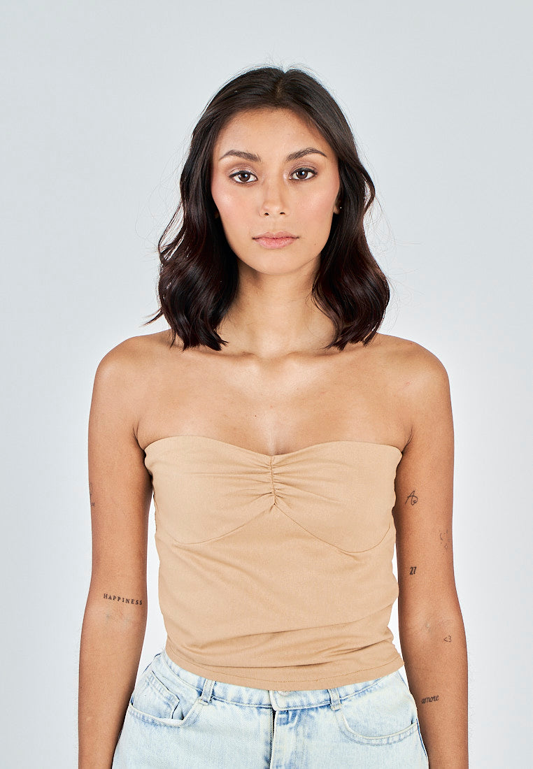 Miri Light Brown Linen Sweetheart Neckline Smock Back Side Zipper Tube Top