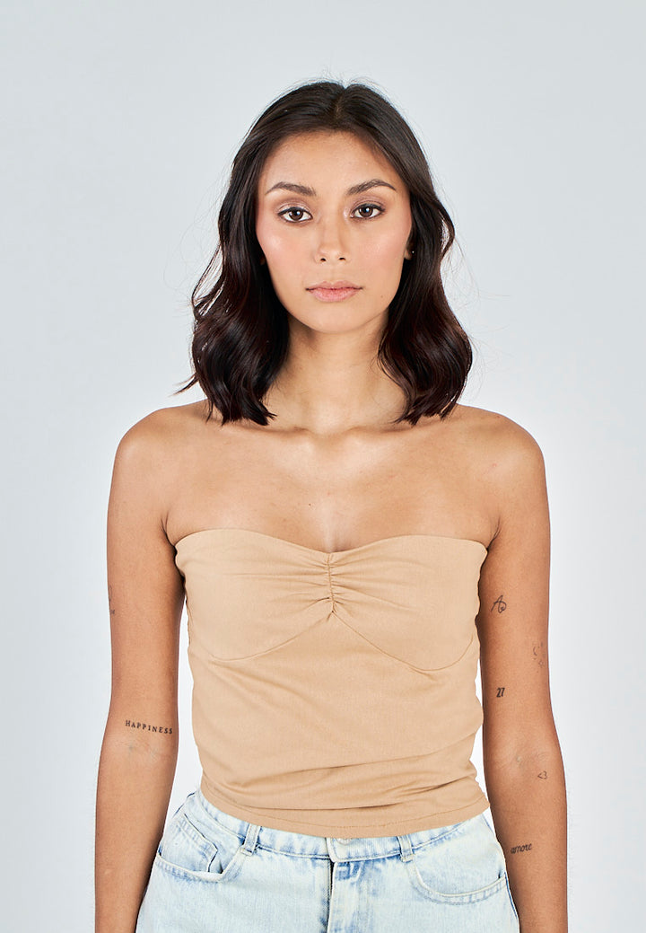 Miri Light Brown Linen Sweetheart Neckline Smock Back Side Zipper Tube Top