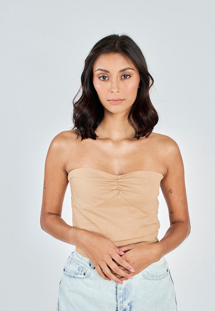 Miri Light Brown Linen Sweetheart Neckline Smock Back Side Zipper Tube Top