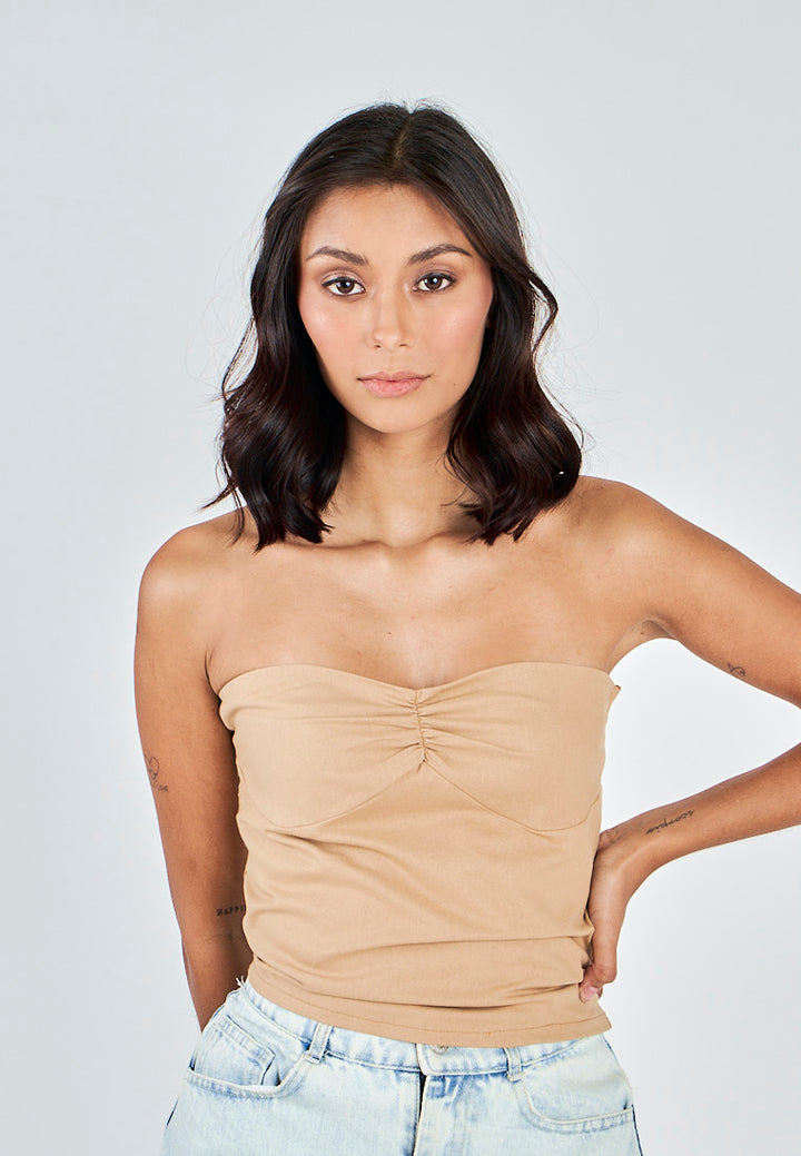 Miri Light Brown Linen Sweetheart Neckline Smock Back Side Zipper Tube Top