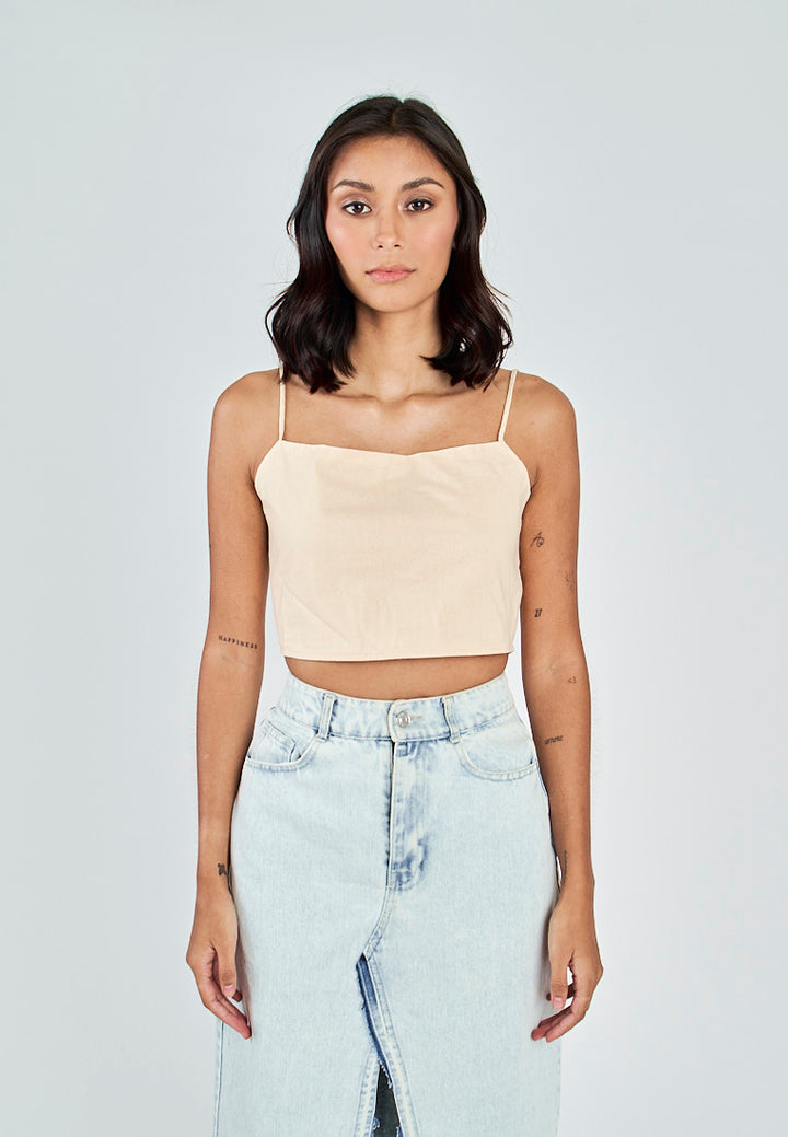 Fumi Beige Linen Sleeveless Self Tie Strap Zipper Back Top
