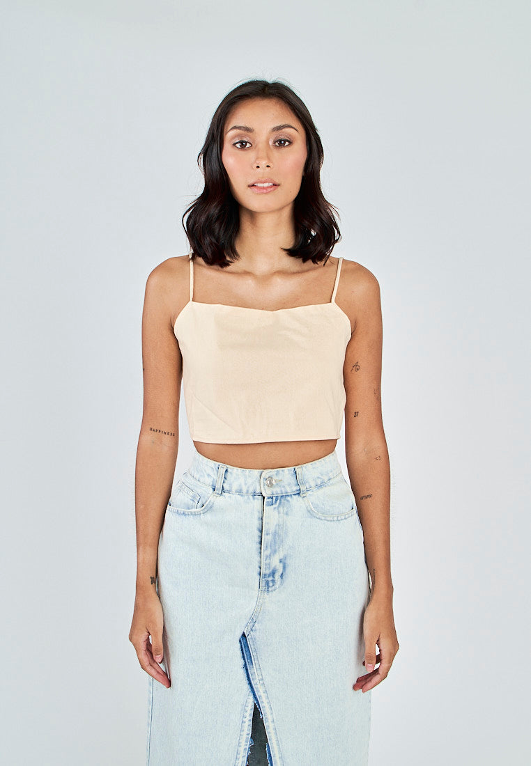 Fumi Beige Linen Sleeveless Self Tie Strap Zipper Back Top