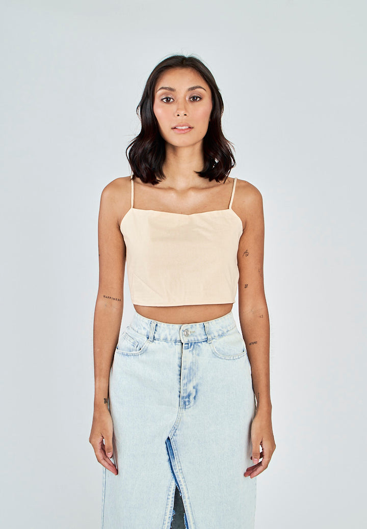 Fumi Beige Linen Sleeveless Self Tie Strap Zipper Back Top