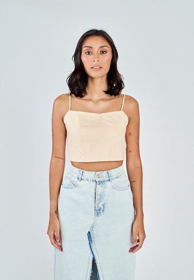 Fumi Beige Linen Sleeveless Self Tie Strap Zipper Back Top