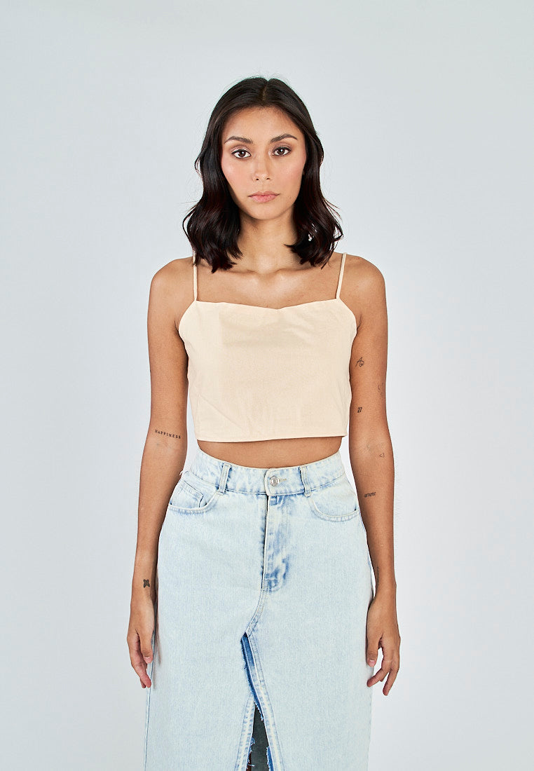 Fumi Beige Linen Sleeveless Self Tie Strap Zipper Back Top