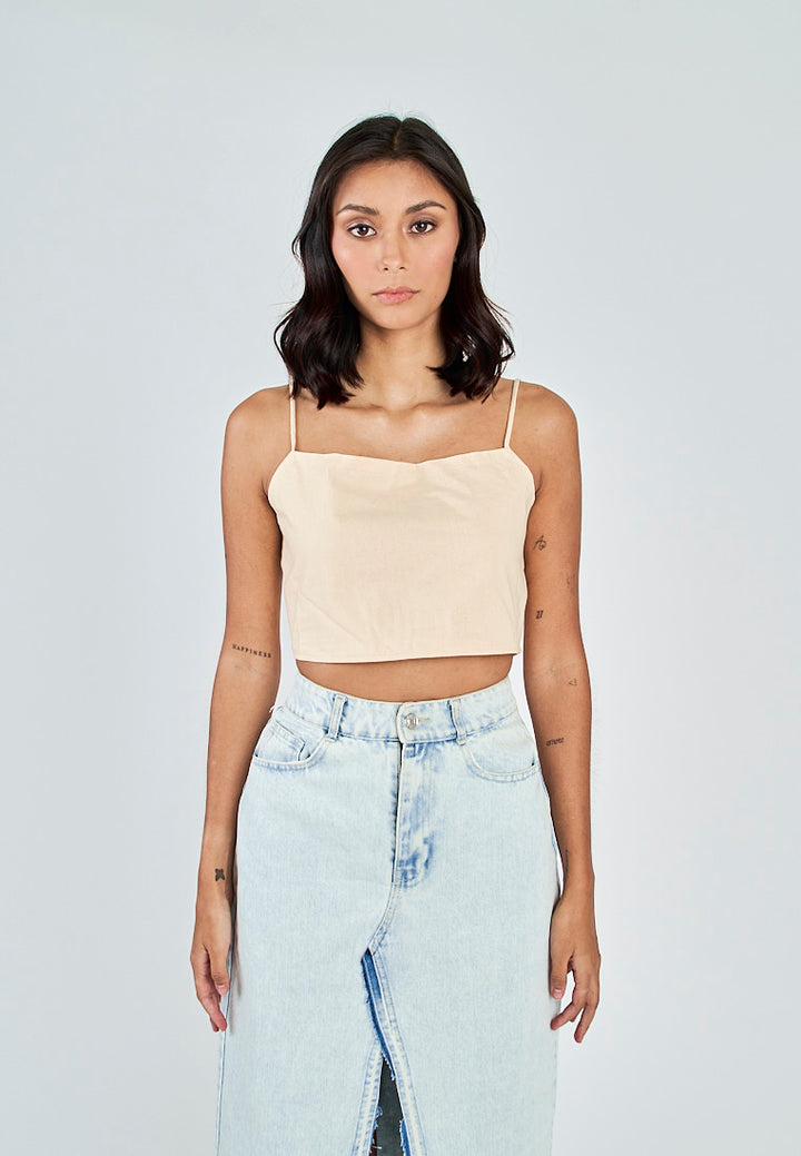 Fumi Beige Linen Sleeveless Self Tie Strap Zipper Back Top