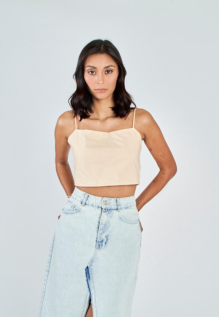 Fumi Beige Linen Sleeveless Self Tie Strap Zipper Back Top