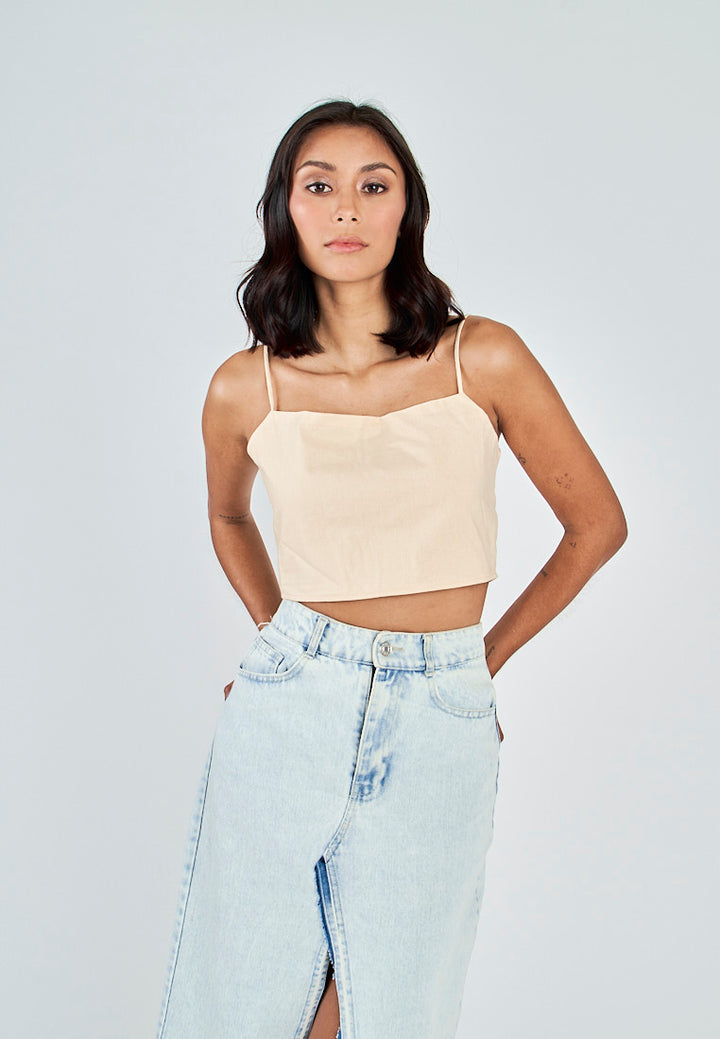 Fumi Beige Linen Sleeveless Self Tie Strap Zipper Back Top