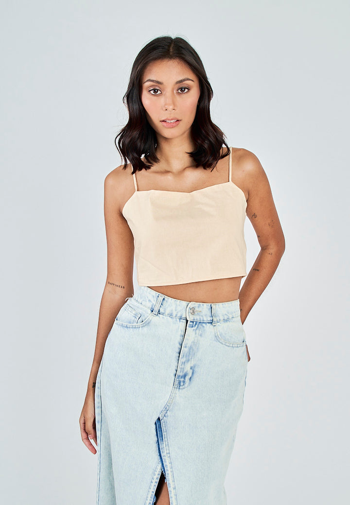 Fumi Beige Linen Sleeveless Self Tie Strap Zipper Back Top