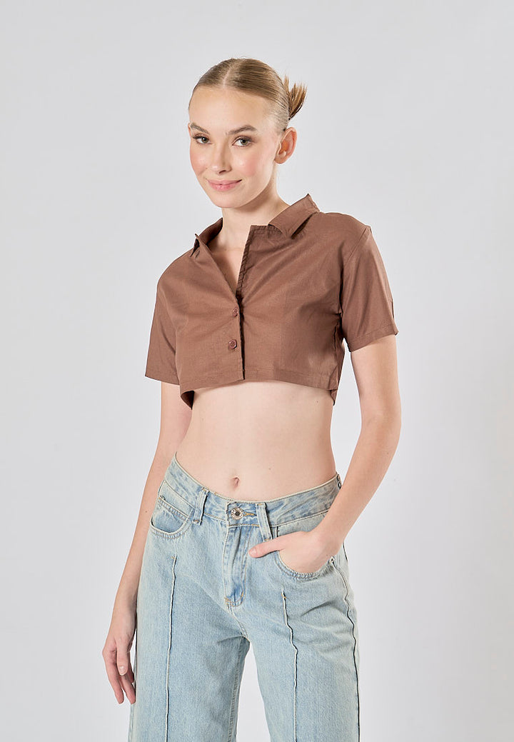 Jhil Brown Linen Collared Button Closure Short Sleeves Top