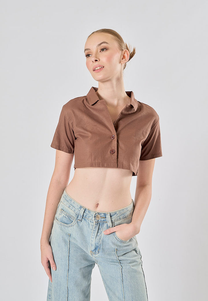 Jhil Brown Linen Collared Button Closure Short Sleeves Top