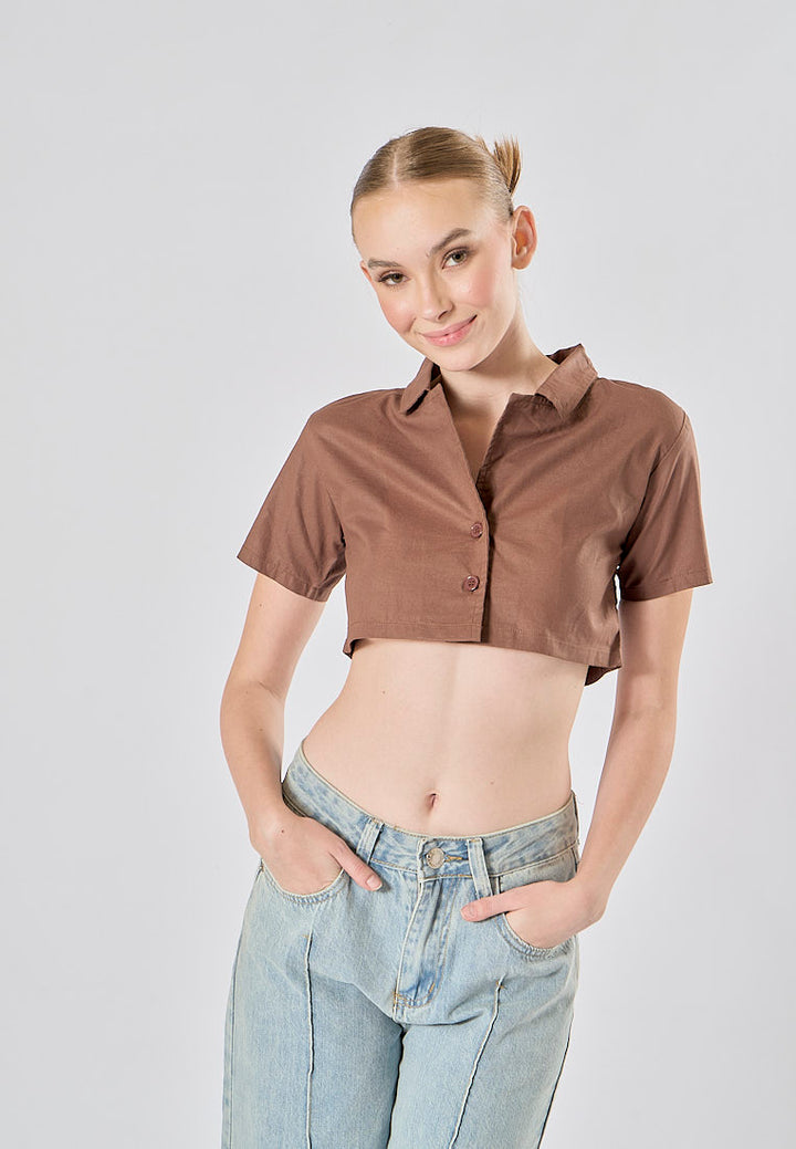 Jhil Brown Linen Collared Button Closure Short Sleeves Top