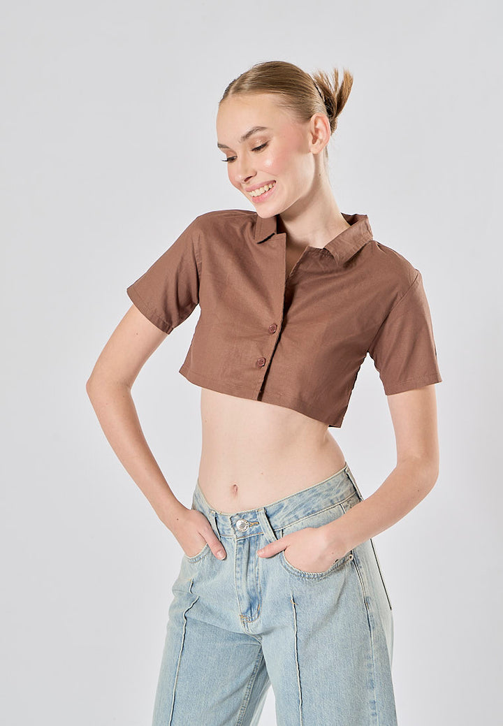 Jhil Brown Linen Collared Button Closure Short Sleeves Top
