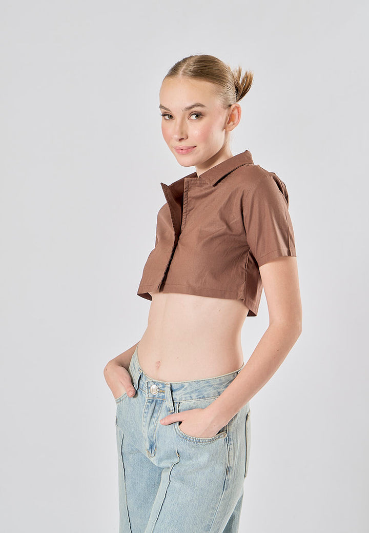 Jhil Brown Linen Collared Button Closure Short Sleeves Top