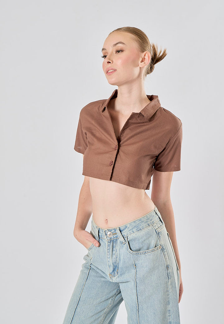 Jhil Brown Linen Collared Button Closure Short Sleeves Top