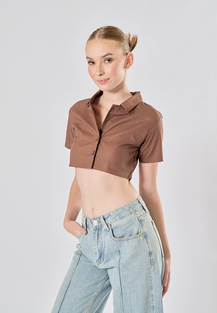 Jhil Brown Linen Collared Button Closure Short Sleeves Top