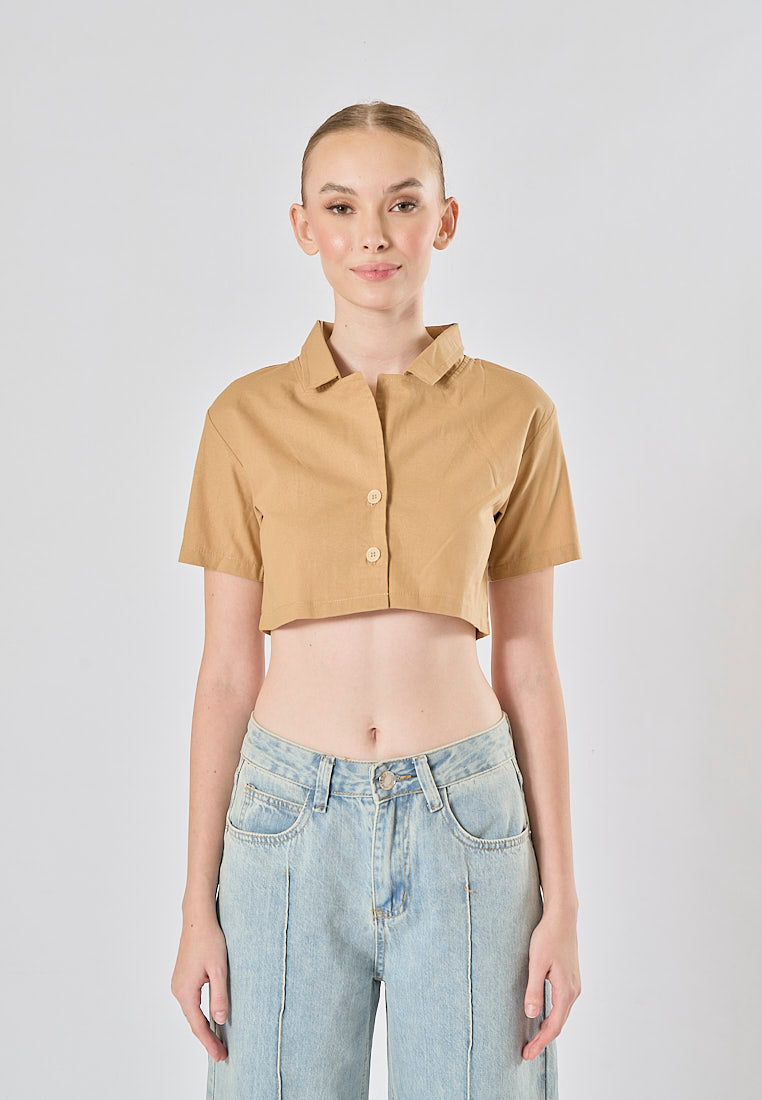 Jhil Light Brown Linen Collared Button Closure Short Sleeves Top