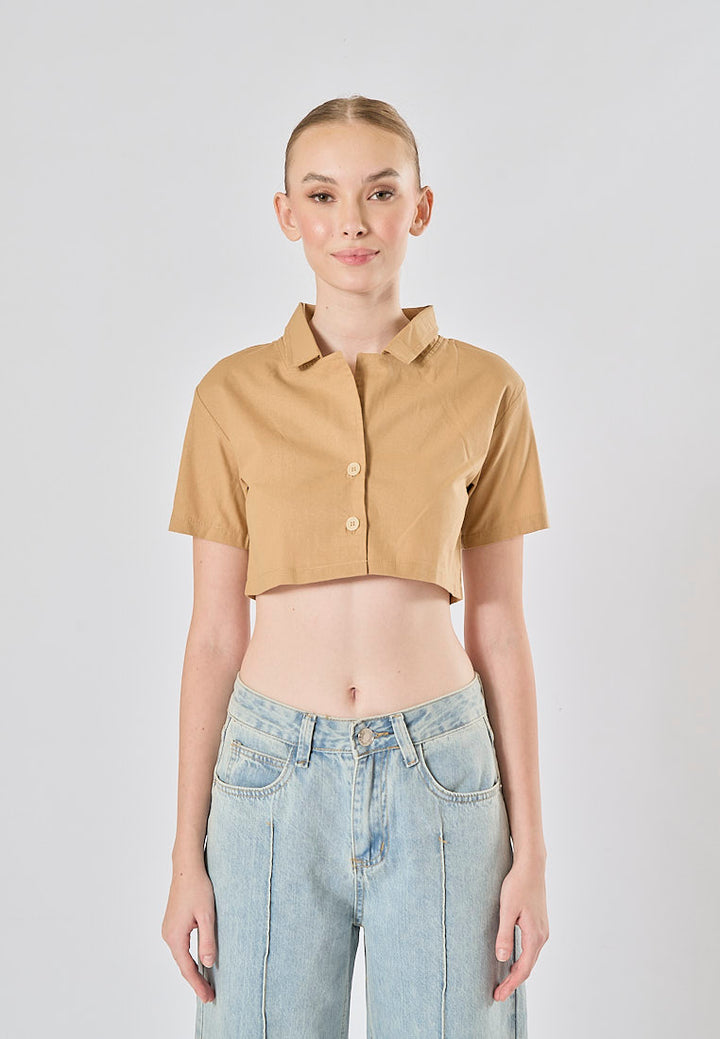 Jhil Light Brown Linen Collared Button Closure Short Sleeves Top