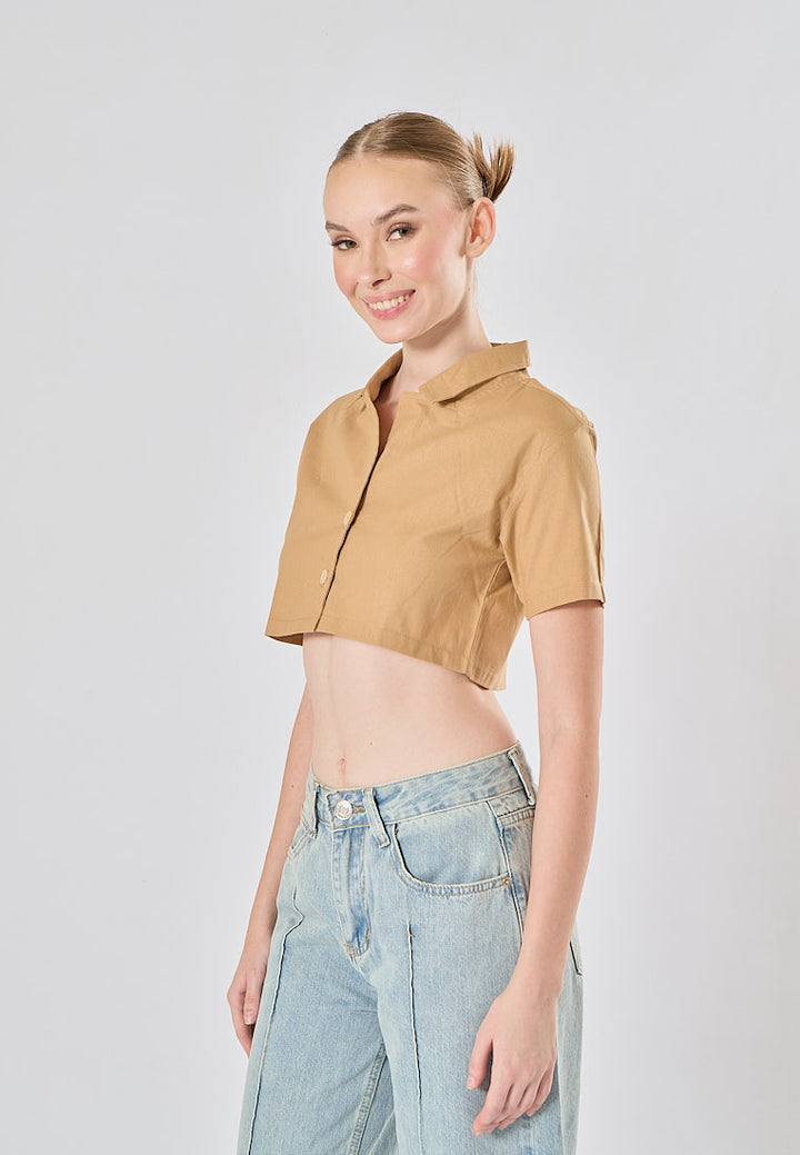 Jhil Light Brown Linen Collared Button Closure Short Sleeves Top