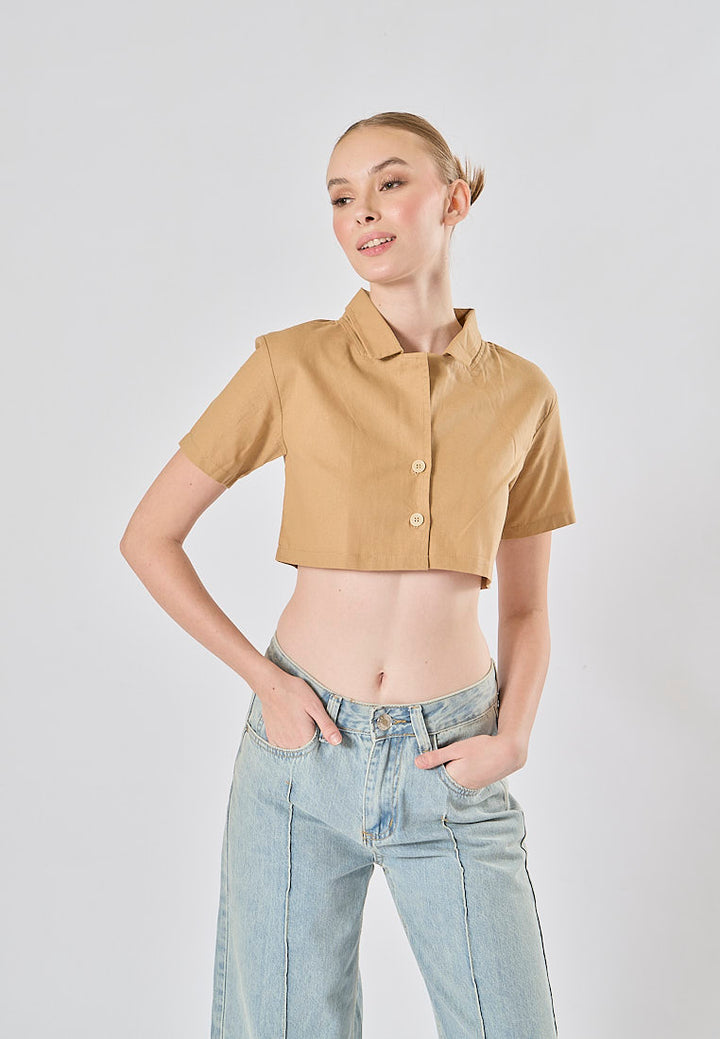 Jhil Light Brown Linen Collared Button Closure Short Sleeves Top
