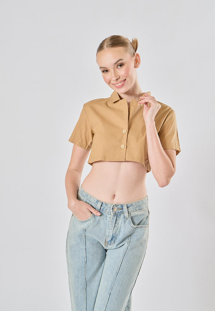 Jhil Light Brown Linen Collared Button Closure Short Sleeves Top