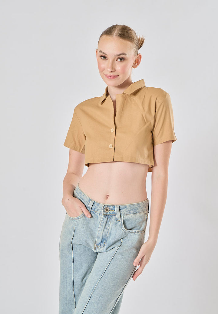 Jhil Light Brown Linen Collared Button Closure Short Sleeves Top