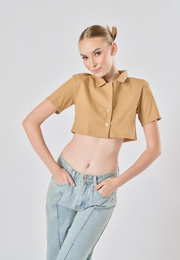 Jhil Light Brown Linen Collared Button Closure Short Sleeves Top