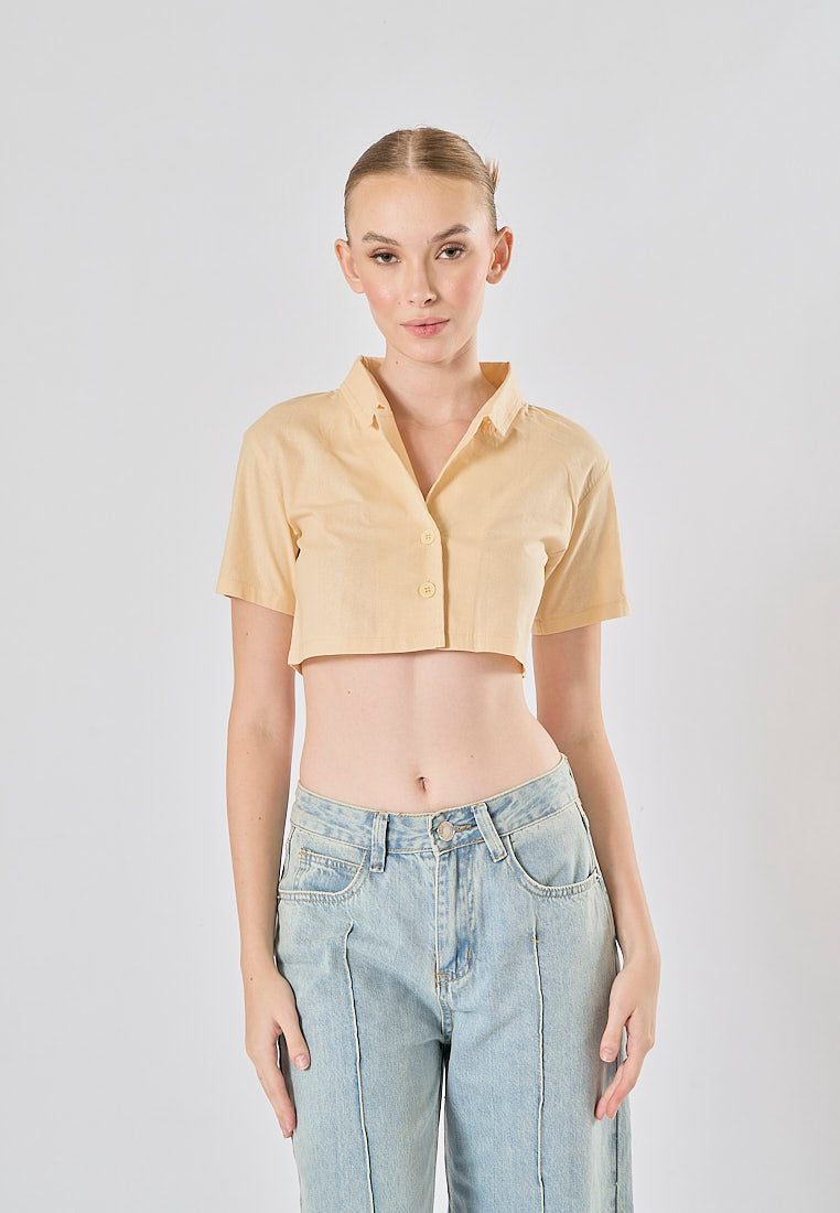Jhil Beige Linen Collared Button Closure Short Sleeves Top