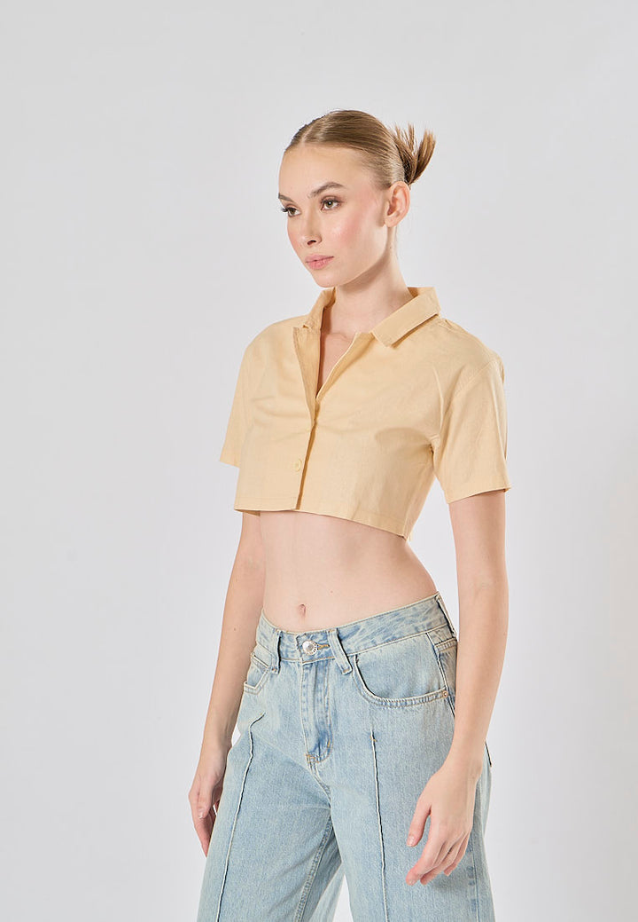 Jhil Beige Linen Collared Button Closure Short Sleeves Top