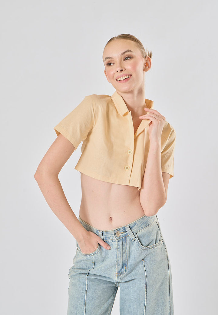 Jhil Beige Linen Collared Button Closure Short Sleeves Top