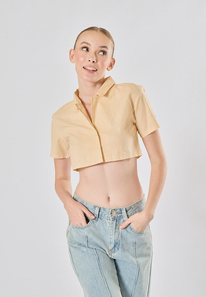 Jhil Beige Linen Collared Button Closure Short Sleeves Top