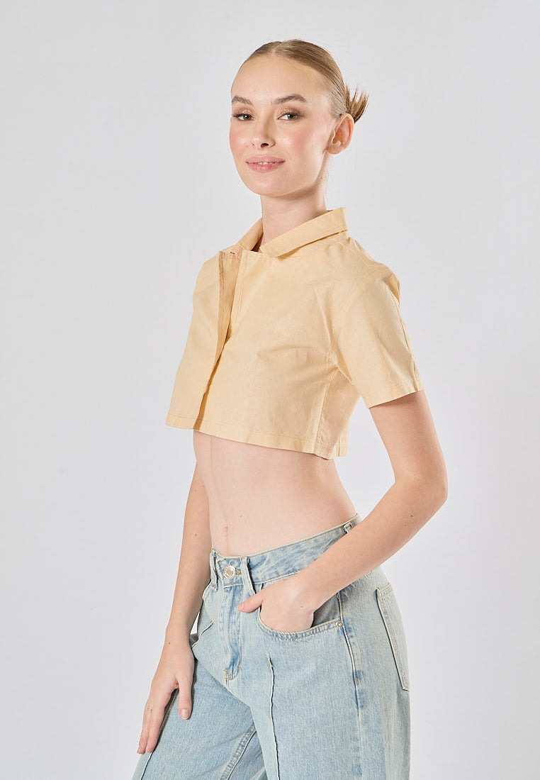 Jhil Beige Linen Collared Button Closure Short Sleeves Top