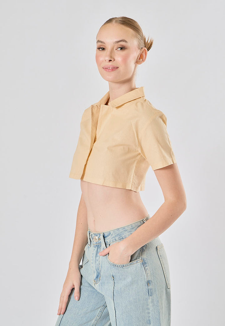 Jhil Beige Linen Collared Button Closure Short Sleeves Top