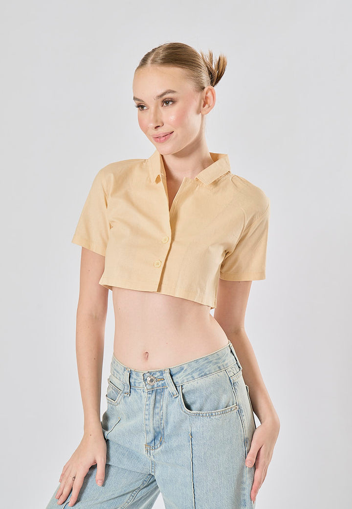 Jhil Beige Linen Collared Button Closure Short Sleeves Top