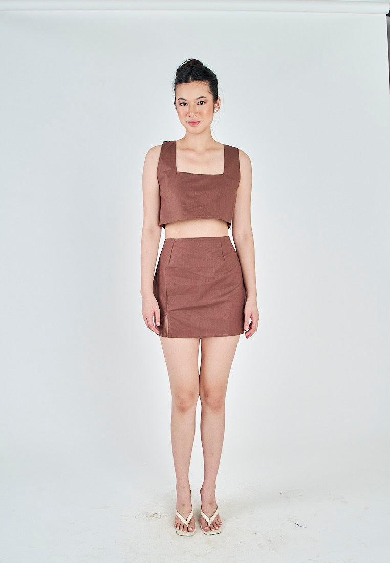 Kiyo Brown Linen Zipper Back Side Slit Mini Skirt