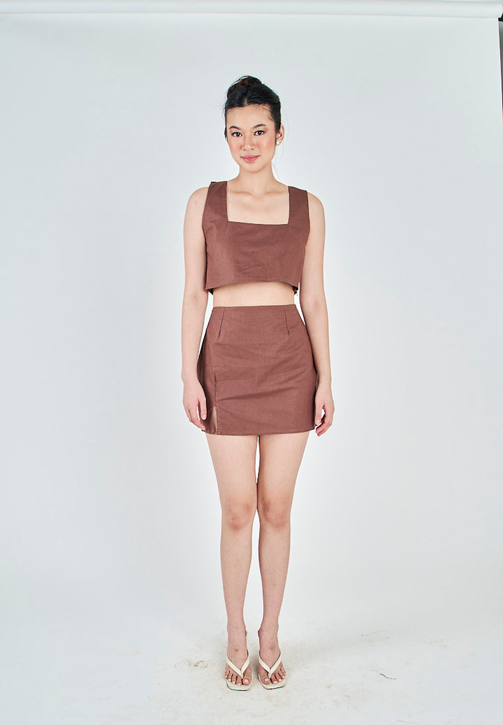 Kiyo Brown Linen Zipper Back Side Slit Mini Skirt