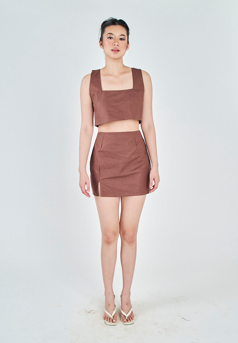 Kiyo Brown Linen Zipper Back Side Slit Mini Skirt