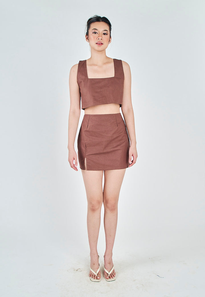 Kiyo Brown Linen Zipper Back Side Slit Mini Skirt