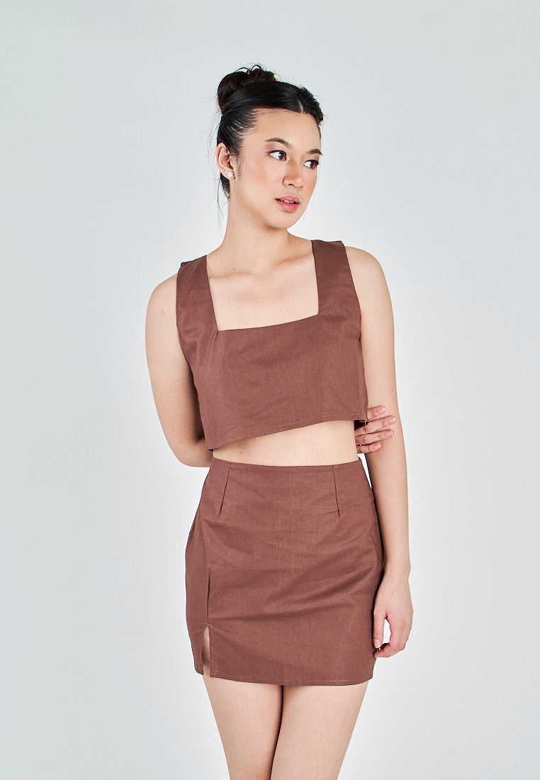 Kiyo Brown Linen Zipper Back Side Slit Mini Skirt
