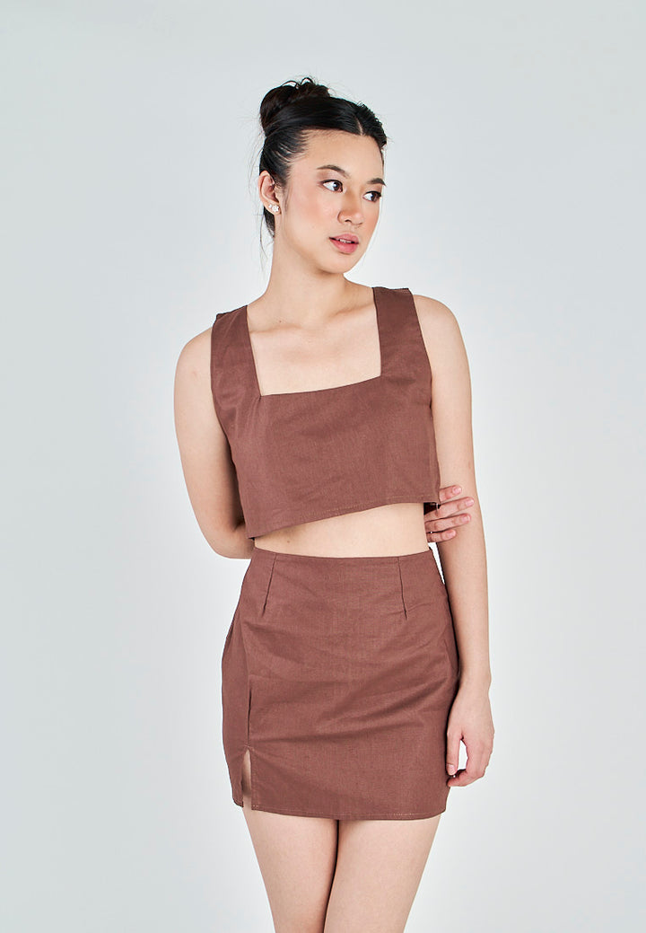 Kiyo Brown Linen Zipper Back Side Slit Mini Skirt