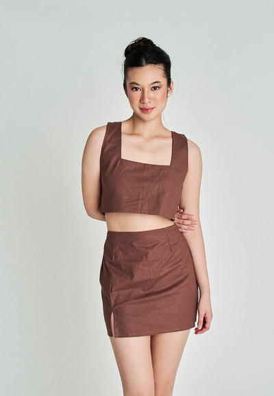 Kiyo Brown Linen Zipper Back Side Slit Mini Skirt