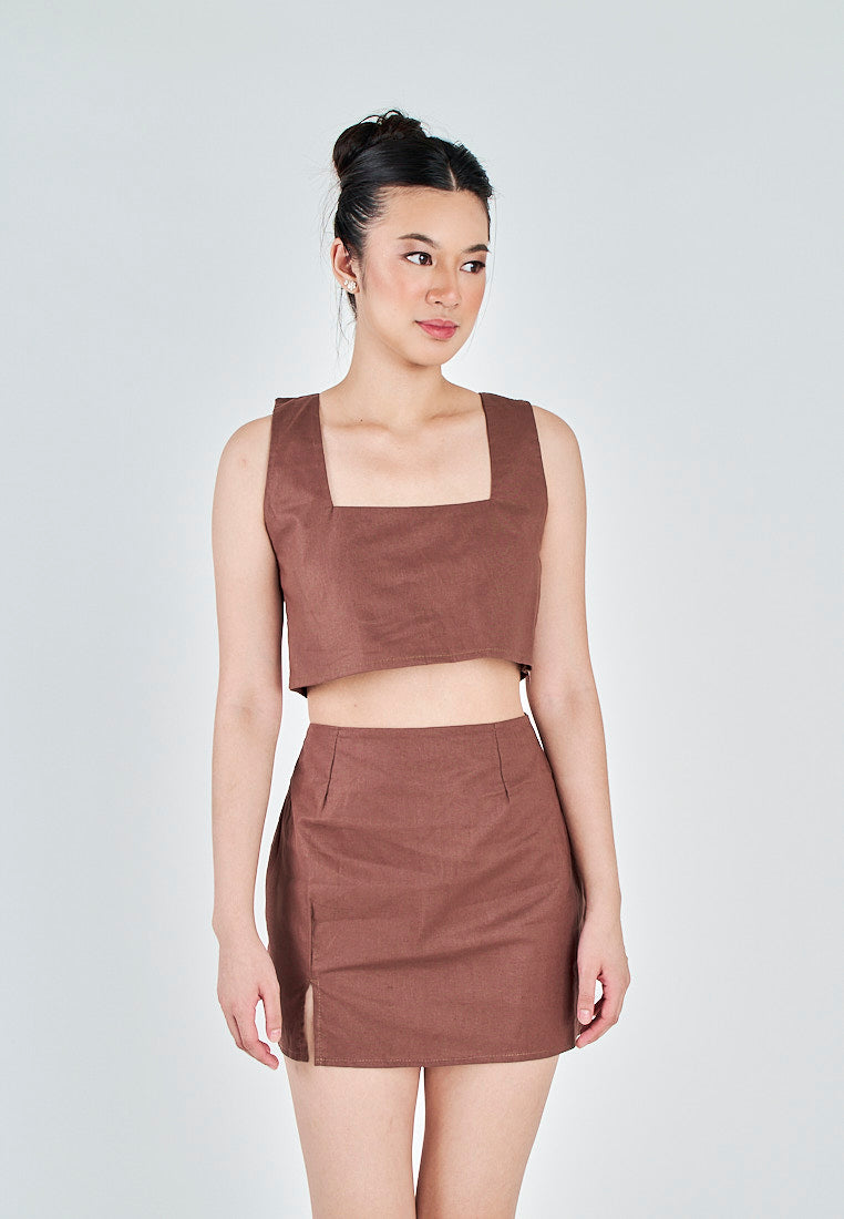 Kiyo Brown Linen Zipper Back Side Slit Mini Skirt