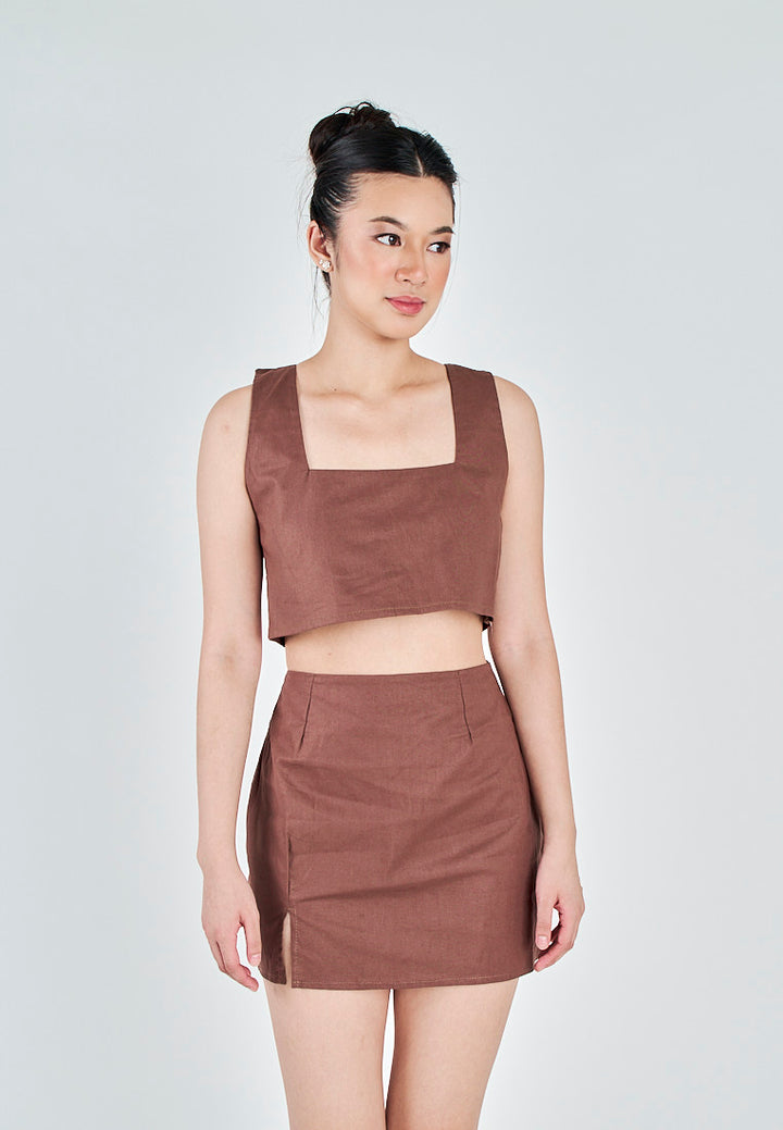 Kiyo Brown Linen Zipper Back Side Slit Mini Skirt