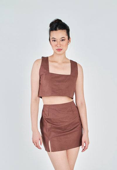 Kiyo Brown Linen Zipper Back Side Slit Mini Skirt