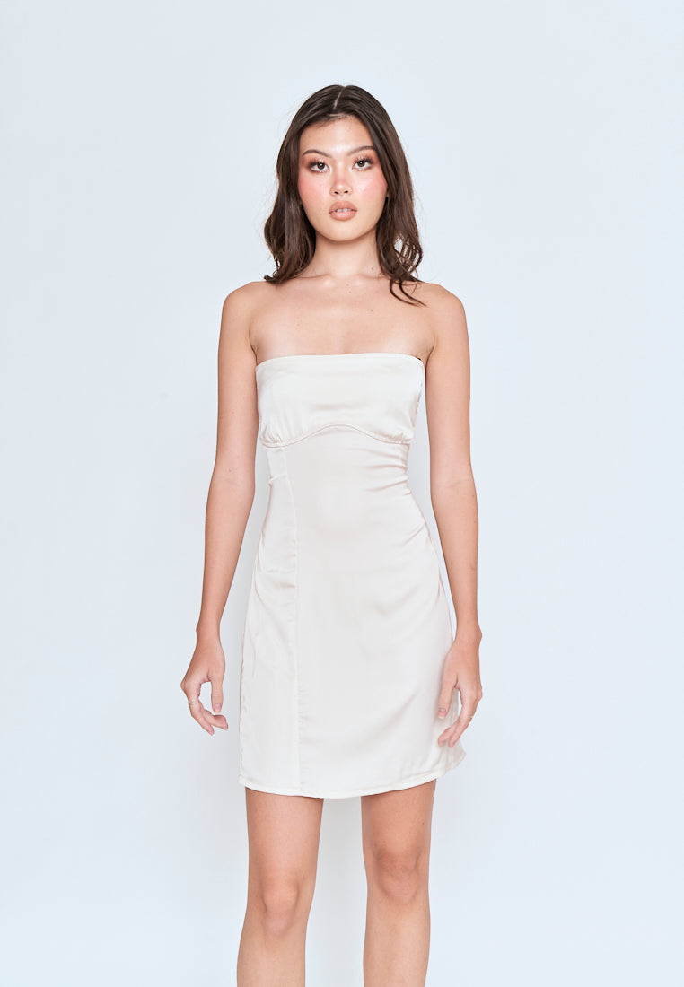 Kaguya Beige Lined Underbust Smock Zipper Back Tube Mini Dress