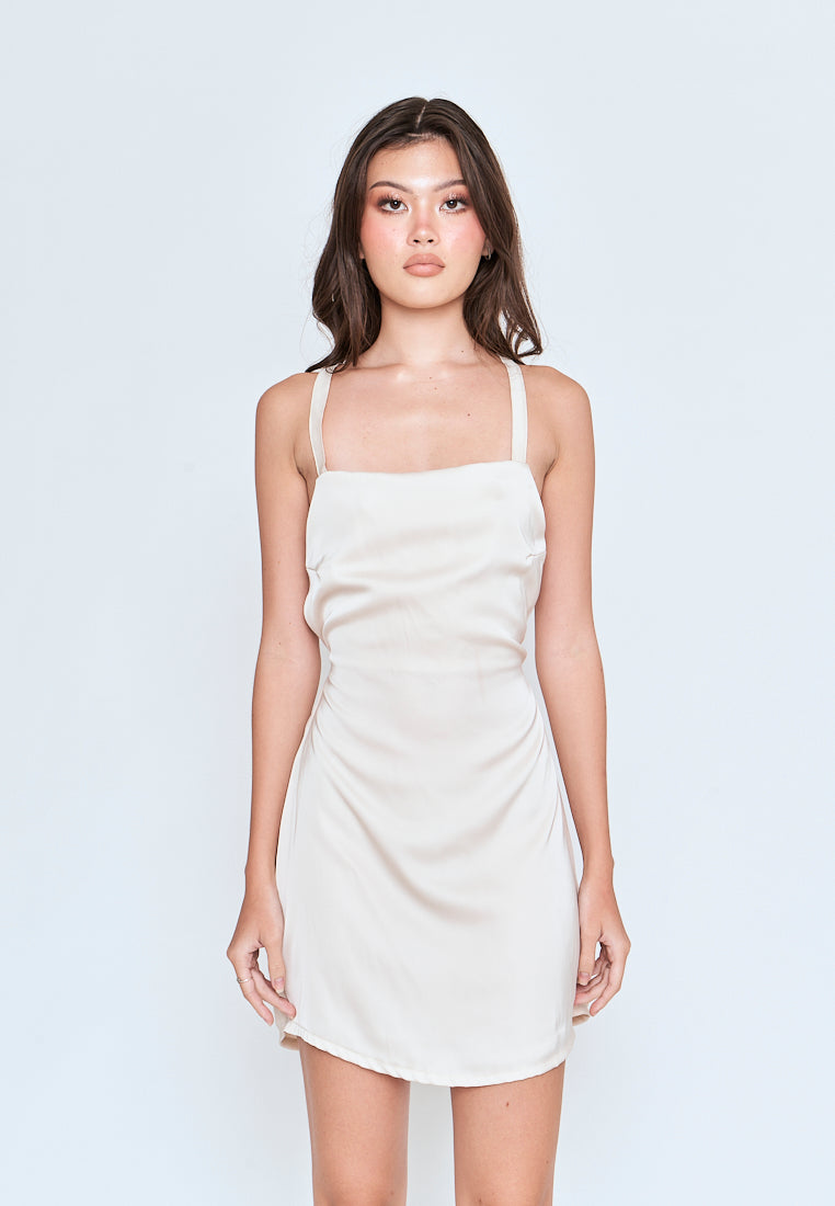 Harake Beige Sleeveless Criss Cross Back Side Zipper Mini Dress