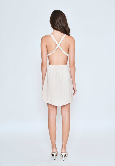 Harake Beige Sleeveless Criss Cross Back Side Zipper Mini Dress