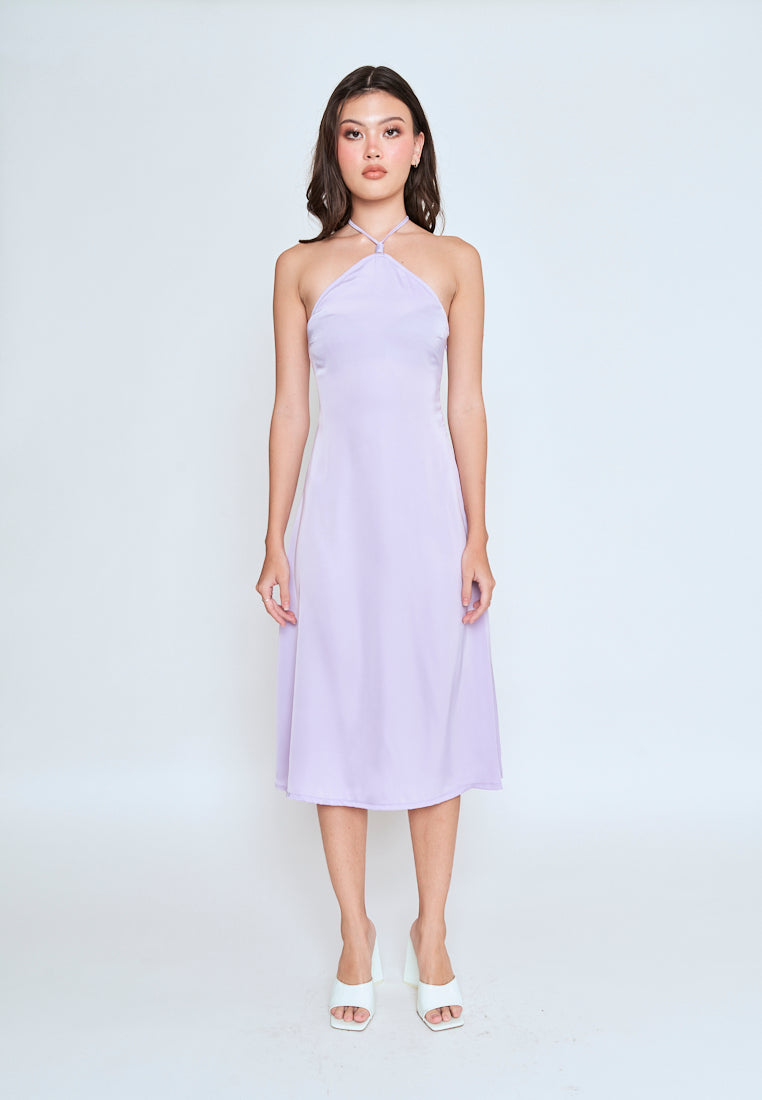 Ursula Purple Sleeveless Side Zipper Open Back Halter Midi Dress